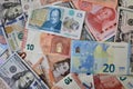 Multi currency collection banknotes. background
