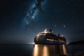 A multi-deck cruise liner floats on the sea surface under the night stars reflected in the water. AI Generated