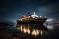 A multi-deck cruise liner floats on the sea surface under the night stars reflected in the water. AI Generated