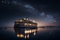 A multi-deck cruise liner floats on the sea surface under the night stars reflected in the water. AI Generated