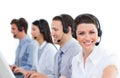 Multi-ethnic business team talking on headset Royalty Free Stock Photo