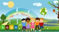 Multi-ethnic children of different cultures who embrace for a global eco-friendly world. Oneness for clean and sustainable energy.