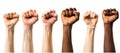 Multi ethnic fists raised up in sign of protest and social unrest, cut out, isolated on transparent background.