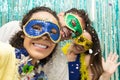 Group of Brazilian friends wearing Carnaval costume. Revelers ce