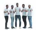 Multi-ethnic group of happy guys showing thumbs up