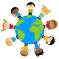 Group of children standing around the planet Earth. Vector illustration Royalty Free Stock Photo