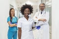 A multi-ethnic group of three doctors and nurses standing in a hospital corridor, wearing scrubs and coats. The team of healthcare Royalty Free Stock Photo