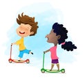 Multi-ethnic kids riding on scooters. Weekends concept illustration.