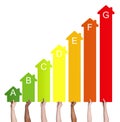 Multi-ethnic people holding house energy graph