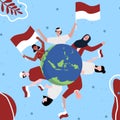 Multi ethnic people smile hold red white flag background of archipelago earth celebrate Indonesian independence day