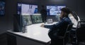 Multi ethnic security operators control cameras