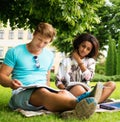 Multi ethnic students couple in a park