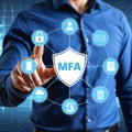 MFA security shield: protecting identity, cloud data, and mobile access from threats. Royalty Free Stock Photo