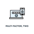 multi factor, two steps authentication, online access control icon, symbol of mobile phone with lock, password and authorization