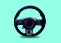 Multi-function car steering wheel, black leather, safety control system Isolated from the background in white background Royalty Free Stock Photo