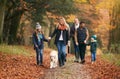 Multi-Generation Family Walking With Pet Golden Retriever Dog Along Autumn Woodland Path Royalty Free Stock Photo