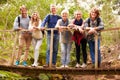 Multi-generation family on wooden bridge in forest, portrait