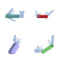 Multi knife icons set cartoon vector. Pocket multipurpose folding knife