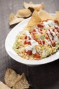 Multi-Layer Dip with Corn Tortilla Chips vertical shot