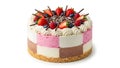 Multi-layered berry and chocolate mousse cake with fresh fruit and cream decoration Royalty Free Stock Photo