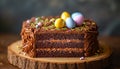 Multi-layered chocolate cake with pastel Easter eggs and cream frosting. Easter cake