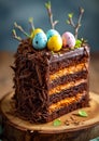 Multi-layered chocolate cake with pastel Easter eggs and cream frosting. Easter cake