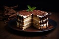 Multi-layered coffee cake with mint leaves and coffee beans
