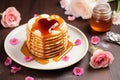 multi-layered heart-shaped pancake stack with honey drip