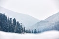 Multi layered mountain winter landscape. Slopes and evergreen woods covered with snow. Snowy pine and fir tree forest Royalty Free Stock Photo