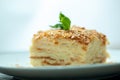 Delicious napoleon cake standing on white plate being decorated with mint Royalty Free Stock Photo