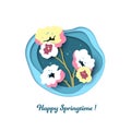 Multi layered paper cut effect spring blossom illustration. Birthday, Mother`s day greeting card with flowers. Creative 3d