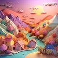 Multi-layered paper village, aesthetic. paper art. summer colors, dreamy sky background. Generative AI