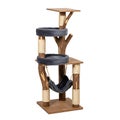Multi-level cat tree with natural wood and grey plush Royalty Free Stock Photo