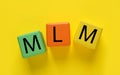 Multi-level marketing. Abbreviation MLM of cubes with letters on yellow background, top view Royalty Free Stock Photo