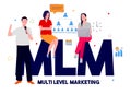 Multi level marketing concept men hold microphone presentation women sit on text MLM with flat color style