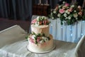 Multi level white and pink wedding cake decorated with fresh flowers Royalty Free Stock Photo