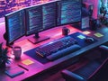 High-Tech Coding Workspace with Neon Lights at Night Royalty Free Stock Photo
