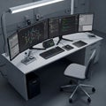 A multi-monitor computer workstation sits on a desk in a modern lab or office environment, displaying complex code and data Royalty Free Stock Photo