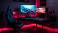 A multi monitor gaming setup with a high-performance gaming computer with RGB lighting, and gaming chair, neural network generated