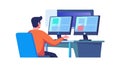 Multi-Monitor Productivity: Man Working on Dual Computer Screens, vector design Generative AI Royalty Free Stock Photo