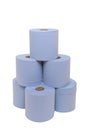 Multi pack of industrial sized blue paper towels stacked on top of each other