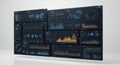 A multi-panel digital dashboard displaying various data visualizations, including bar Royalty Free Stock Photo