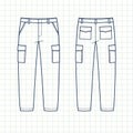 Multi-pocket cargo trouser pattern drawn on checkered technical paper Royalty Free Stock Photo