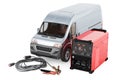 Multi-process welder machine with delivery van. 3D rendering