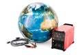 Multi-process welder machine with Earth, Globe. 3D rendering