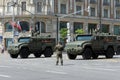 Multi-purpose armored vehicle `Typhoon-K` with a remote control combat module on Tverskaya street in Moscow during the dress rehea