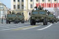 The multi-purpose army Tiger cars in a column of military equipment at Palace Square. A parade rehearsal in honor of the Victory Royalty Free Stock Photo