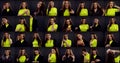 Multi shot collage of portraits of young cheerful woman in studio