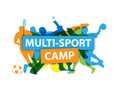 `MULTI-SPORT CAMP` banner with silhouettes taking part in various sports Royalty Free Stock Photo