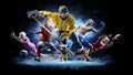 Multi sport collage football boxing soccer ice hockey on black background